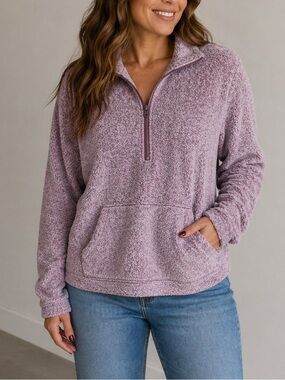 nine britton Lavender Sherpa Half-Zip Pullover Sweater